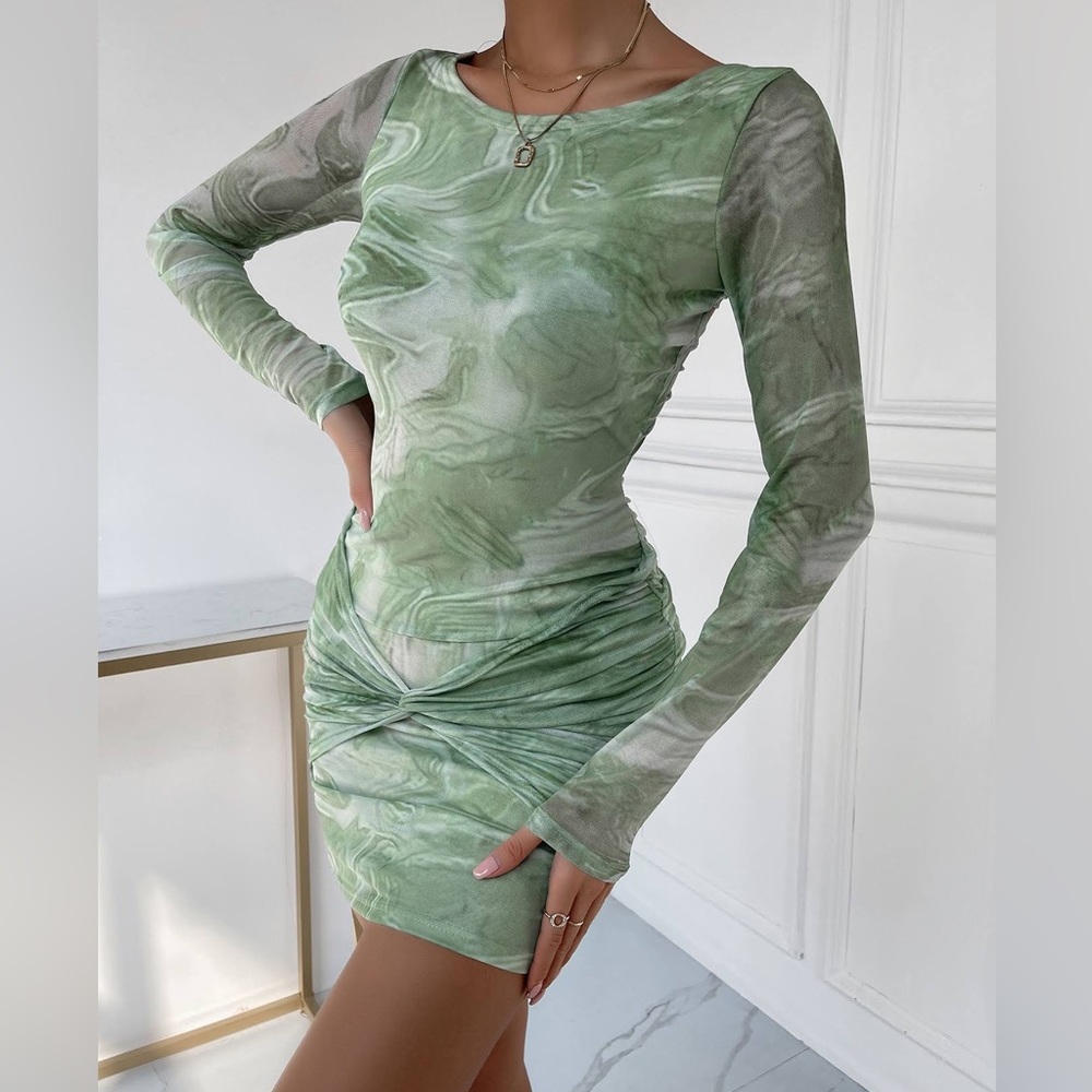 SHEIN Green Marble Print Twist Tie Back Ruched Mesh Sheer Bodycon Dress